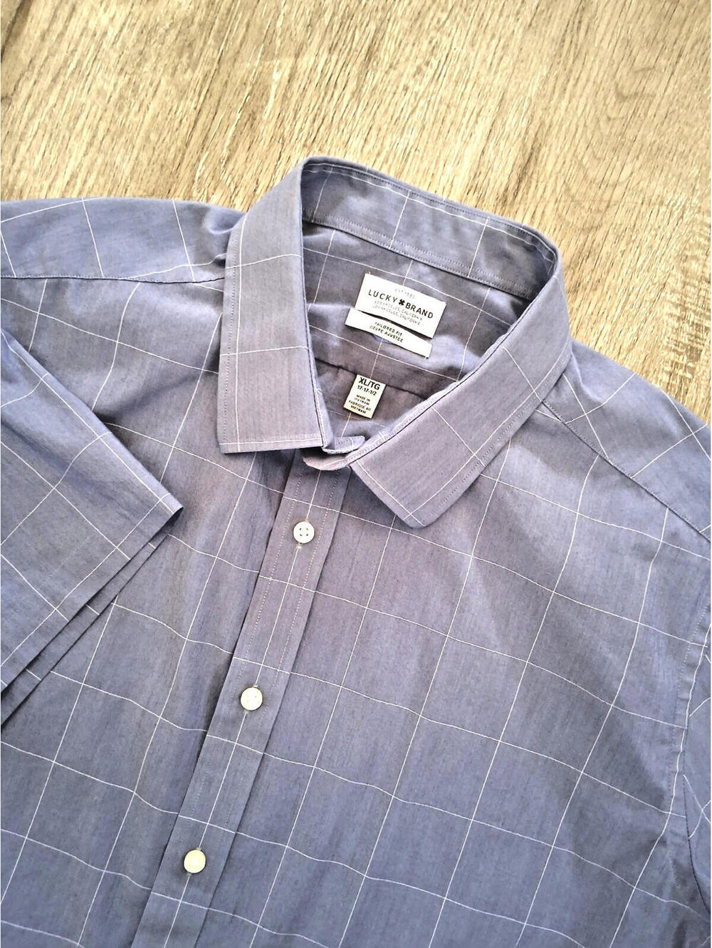 Lucky Brand Men's XL Blue W/White Squares Tailored Fit Cotton Blend Casual Shirt